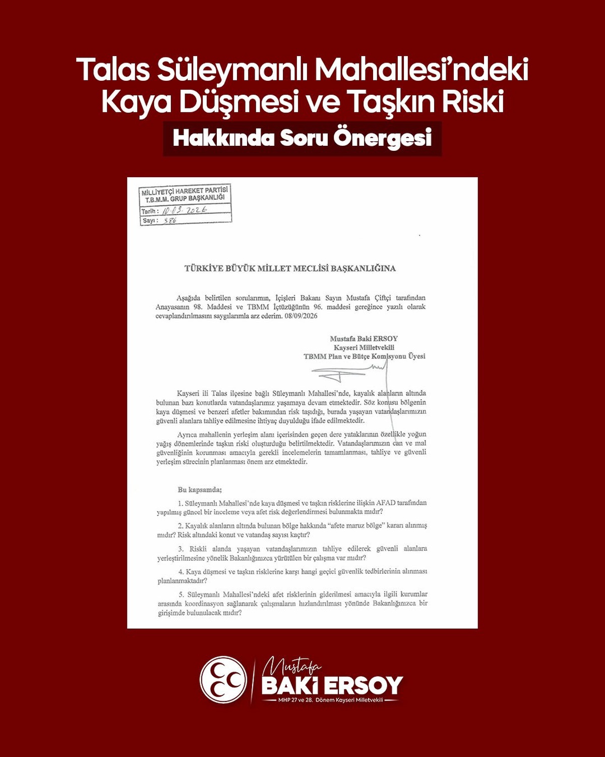 MHP\'li Ersoy, Talas\'taki kaya düşmesi ve taşkın riskini Meclis gündemine taşıdı
