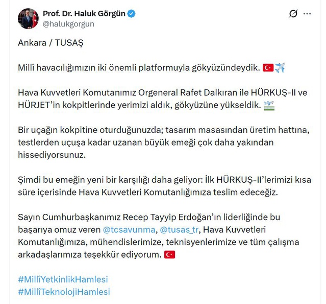Haluk Görgün ve Orgeneral Dalkıran, HÜRKUŞ-2 ve HÜRJET ile test uçuşu gerçekleştirdi