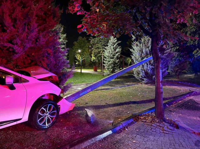 Kayseri Talas'ta kontrolden çıkan otomobil elektrik direğini devirdi, kazada yaralanan olmadı