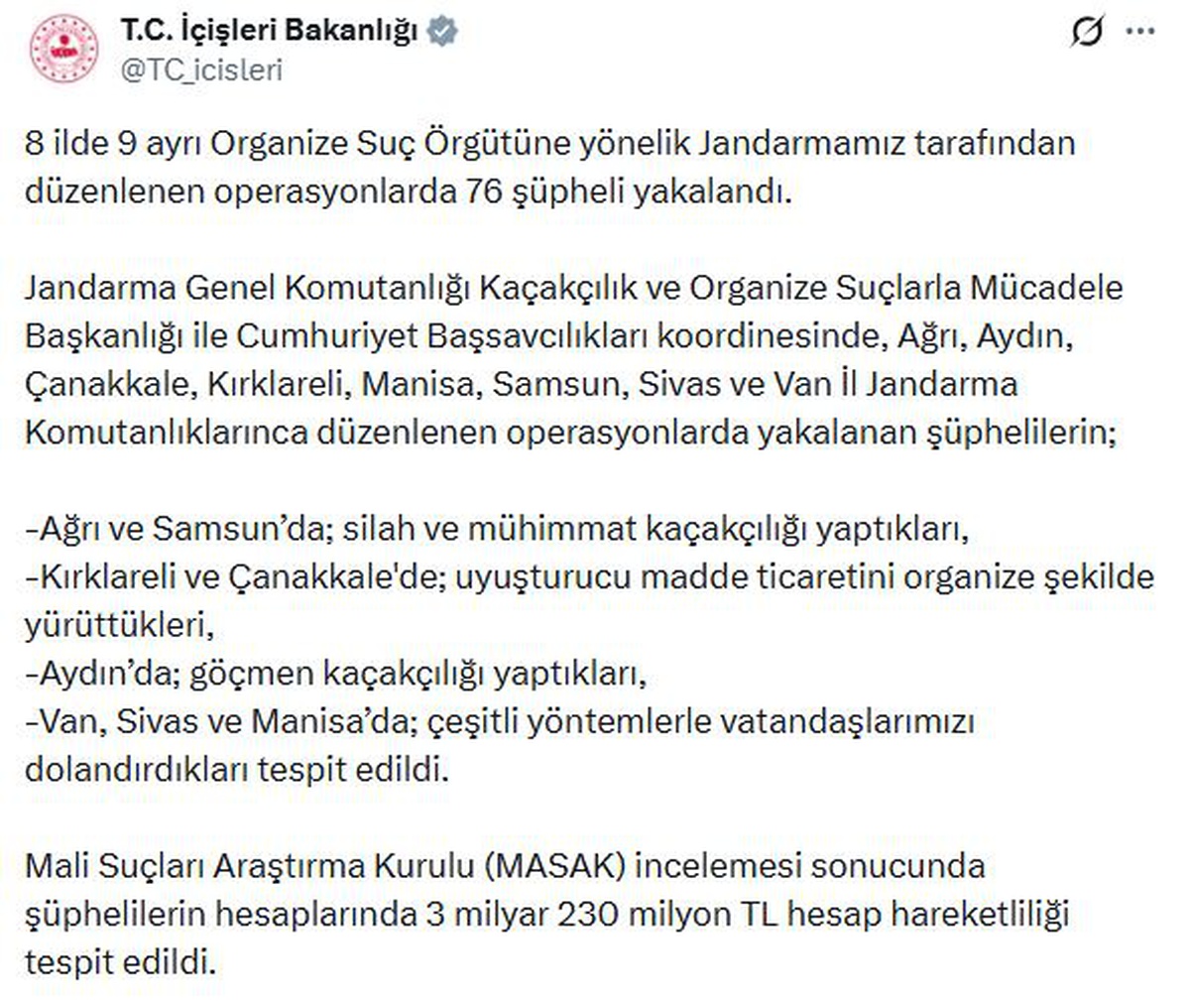 8 ilde suç operasyonunda 76 şüpheli yakalandı