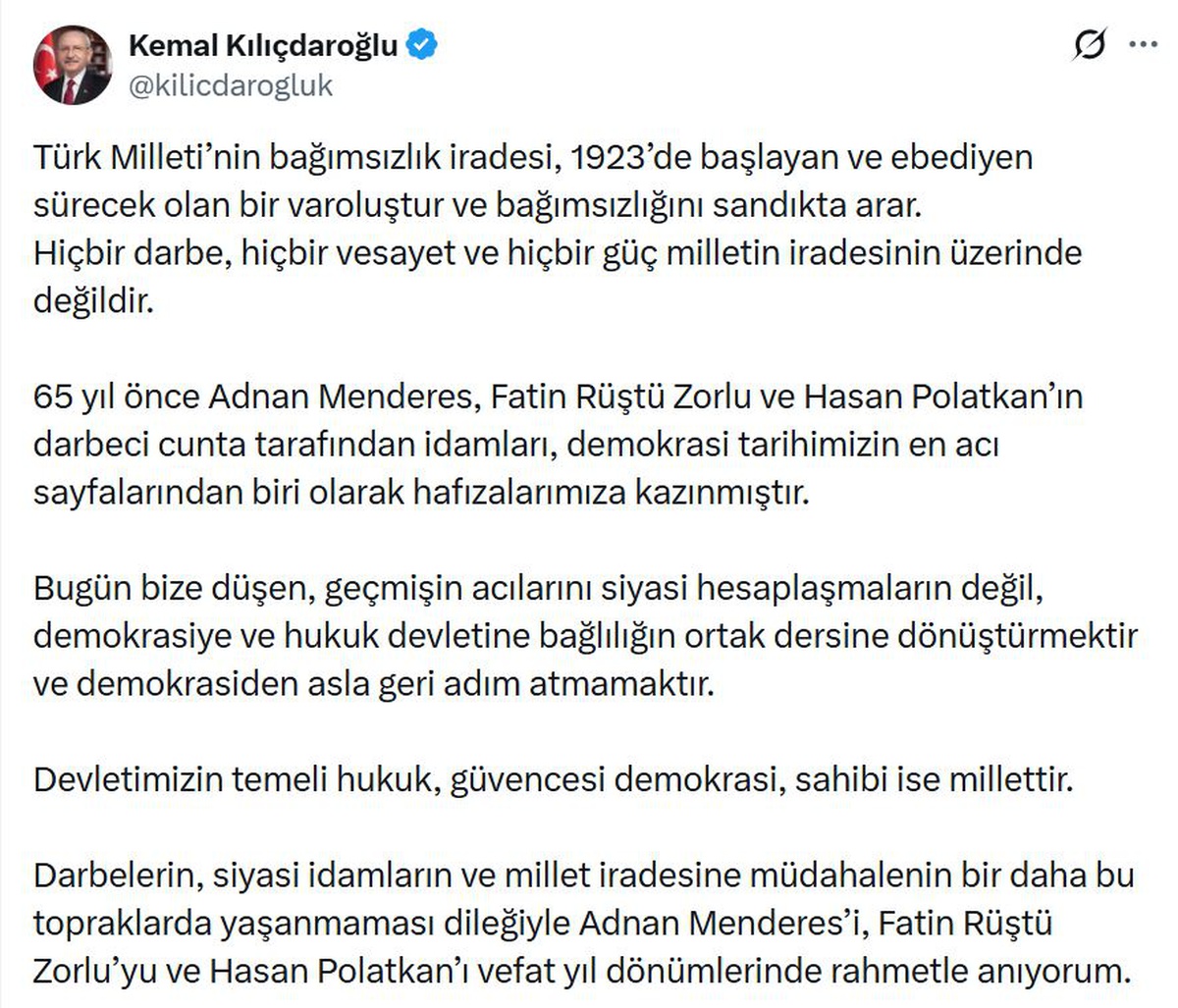 Kılıçdaroğlu, Menderes, Zorlu ve Polatkan\'ı 65. yılında rahmetle andı