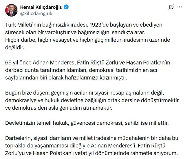 Kılıçdaroğlu, Menderes, Zorlu ve Polatkan'ı 65. yılında rahmetle andı