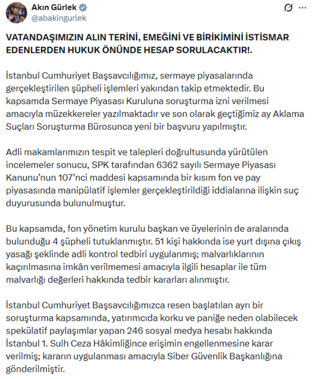Bakan Gürlek: Fon yönetim kurulu başkan ve üyeleri dahil 4 şüpheli tutuklandı
