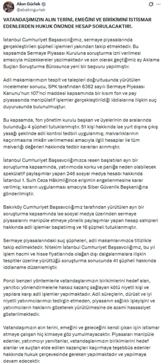 Bakan Gürlek: Fon yönetim kurulu başkan ve üyeleri dahil 4 şüpheli tutuklandı