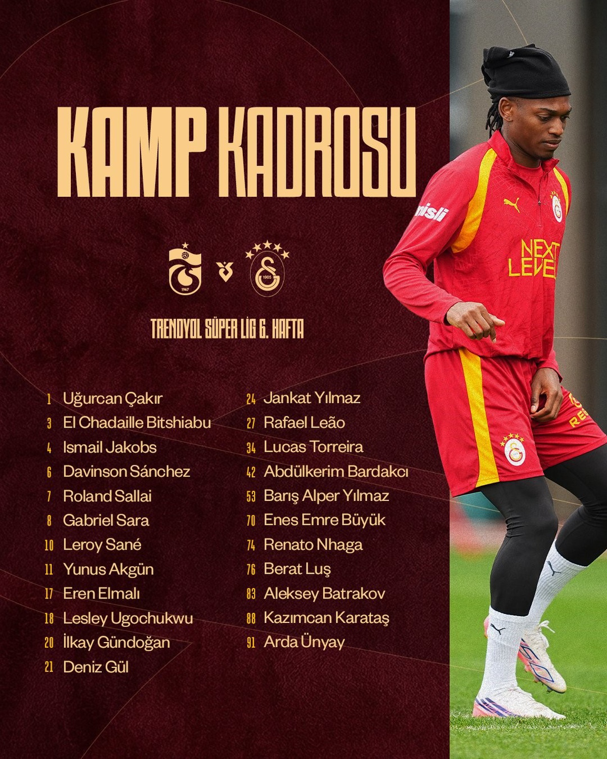 Galatasaray\'ın Trabzonspor maçı kamp kadrosu açıklandı, 4 oyuncu yok
