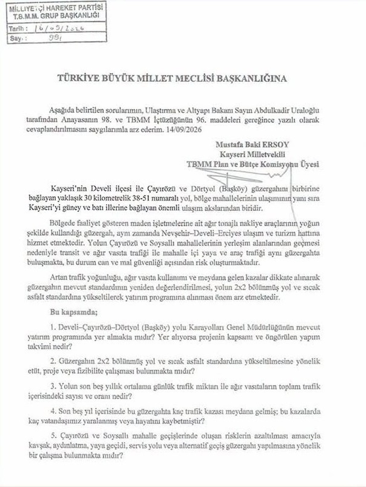 MHP'li Ersoy, Develi-Çayırözü-Dörtyol yolu için soru önergesi verdi