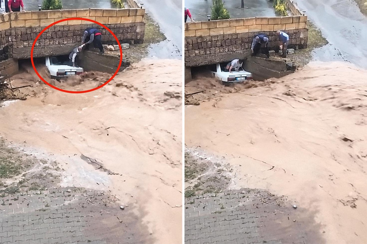 Nevşehir Ürgüp'te selde sıkışan araçta mahsur kalanlar cam kırılarak tahliye edildi