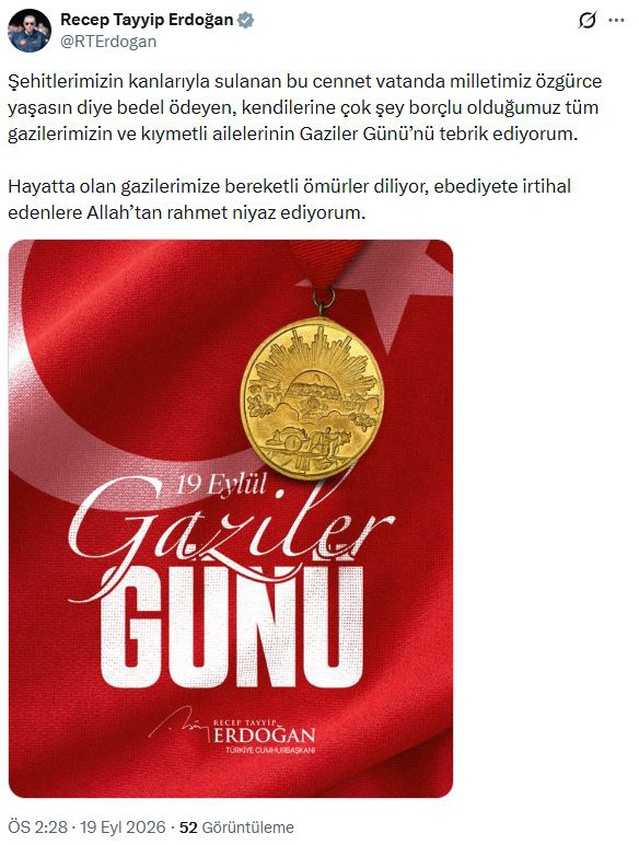 Cumhurbaşkanı Erdoğan: Tüm gazilerimizin ve ailelerinin Gaziler Günü'nü tebrik ediyorum