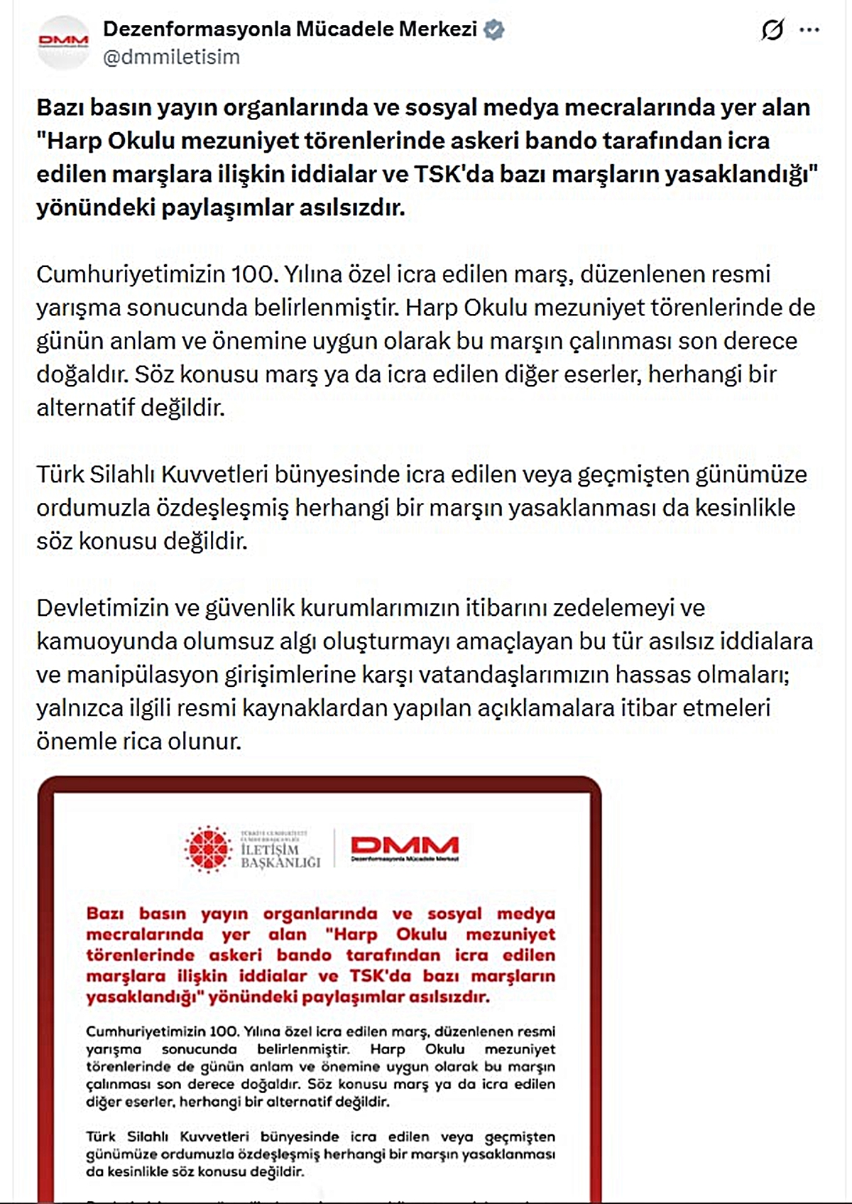 DMM, Harp Okulu marşının yarışmayla belirlendiğini, TSK\'da yasak olmadığını açıkladı
