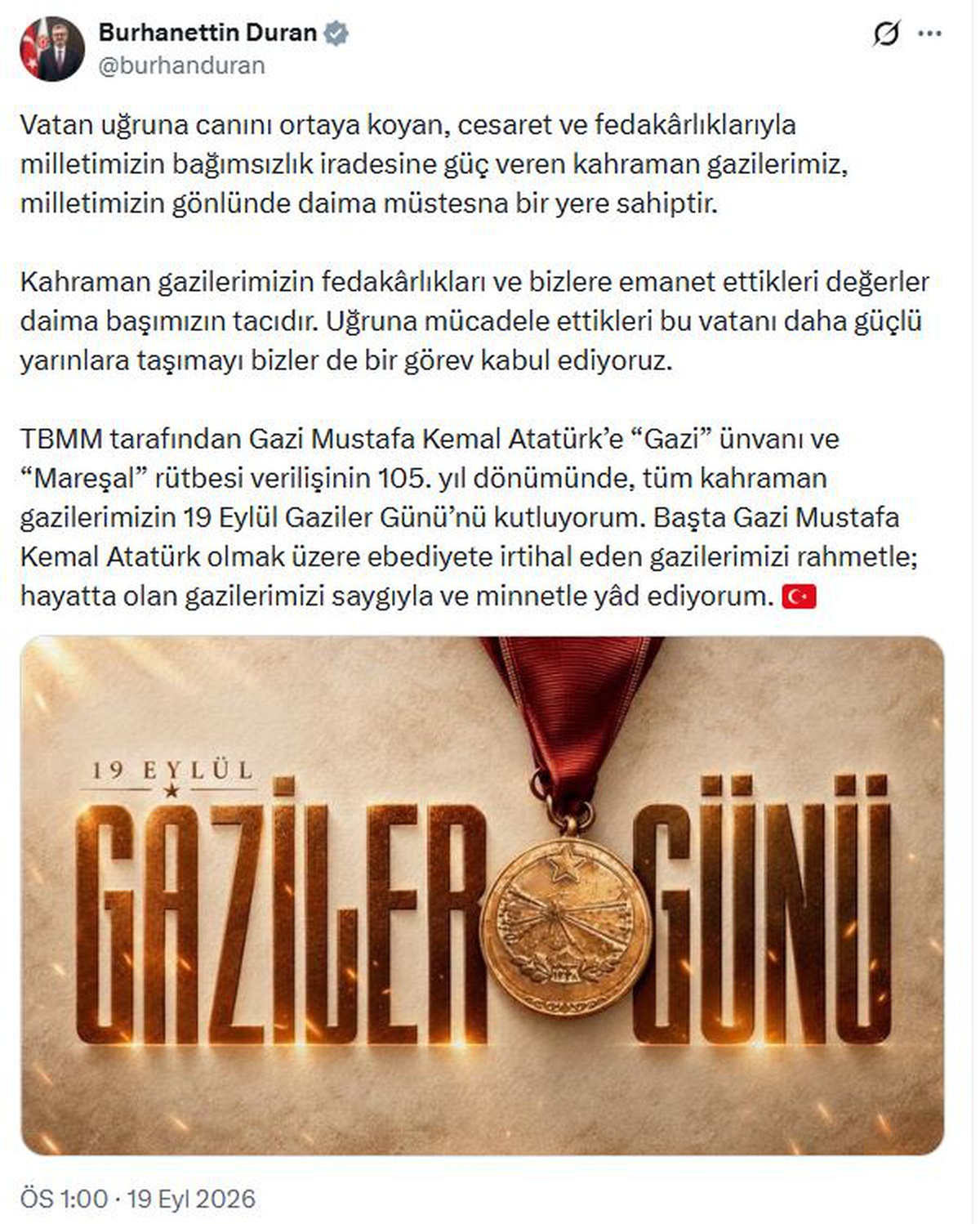 İletişim Başkanı Duran, Atatürk\'e Gazilik verilişinin 105. yılında gazileri andı
