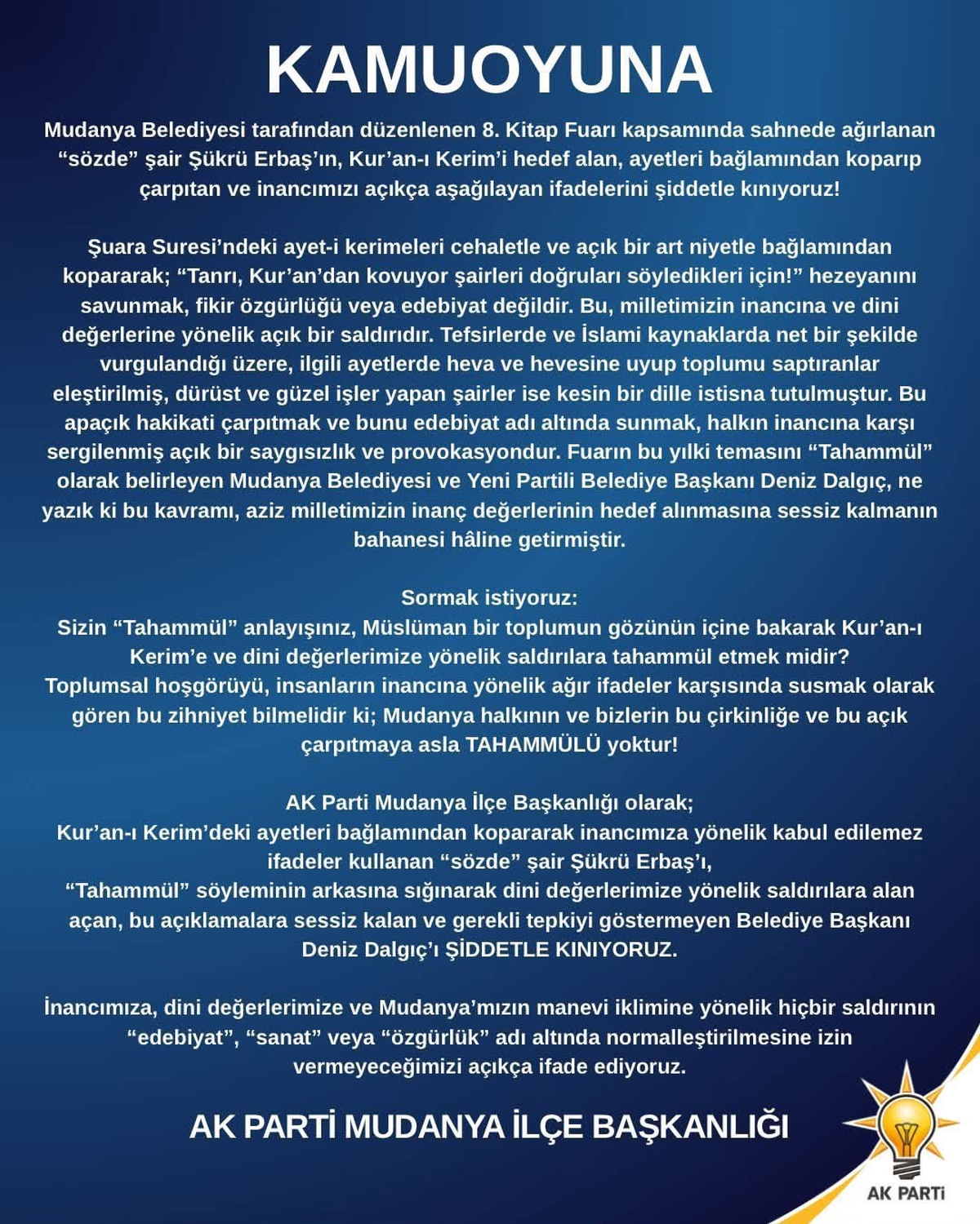 AK Parti Mudanya İlçe Başkanlığı, Şükrü Erbaş\'ın sözlerine tepki gösterdi