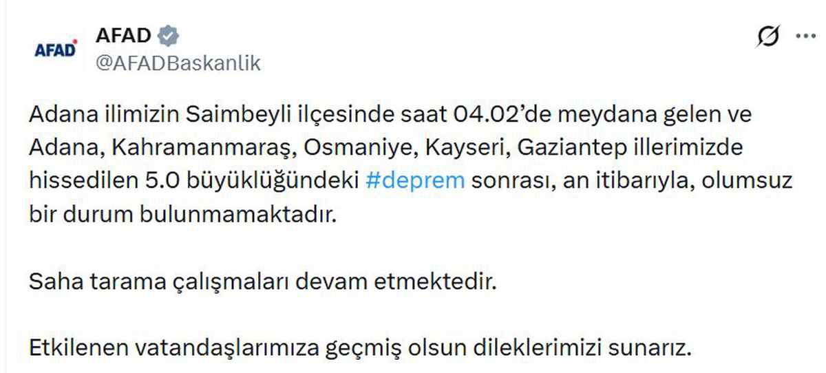 AFAD, Adana Saimbeyli\'deki 5.0\'lık deprem sonrası olumsuz durum yok dedi