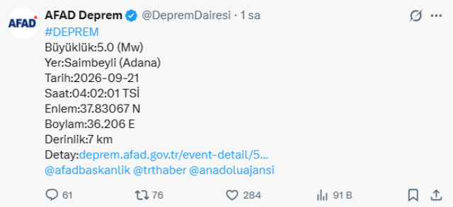 Adana'da 5 büyüklüğünde deprem