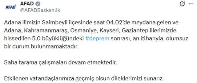 Adana'da 5 büyüklüğünde deprem