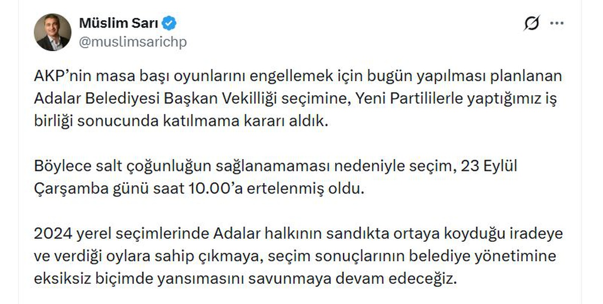 CHP\'nin katılmadığı Adalar Belediyesi Başkan Vekilliği seçimi 23 Eylül\'e ertelendi