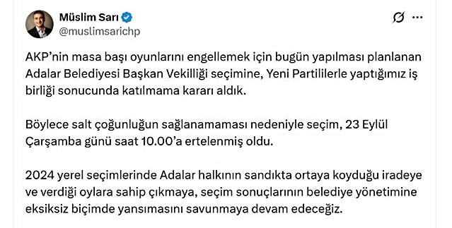 CHP'nin katılmadığı Adalar Belediyesi Başkan Vekilliği seçimi 23 Eylül'e ertelendi