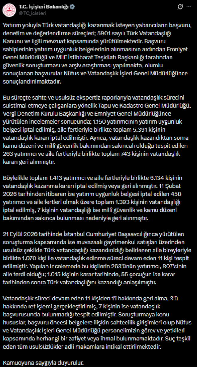 İçişleri Bakanlığı: 6 bin 134 kişinin vatandaşlık kararı iptal edildi veya geri alındı