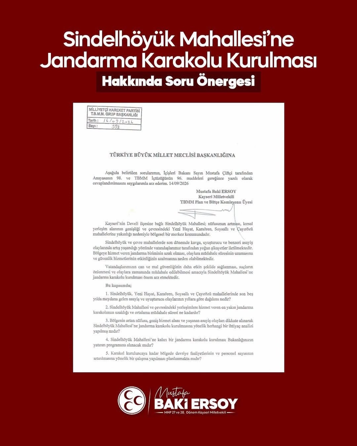 MHP\'li Ersoy, Sindelhöyük\'e kalıcı jandarma karakolu için TBMM\'ye önerge verdi