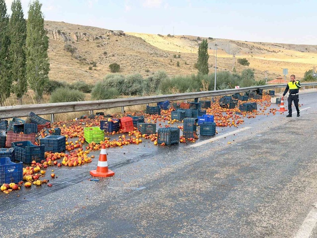 Ankara Polatlı'da tırın dorsesi yan yattı, şeftaliler yola saçıldı, trafik aksadı