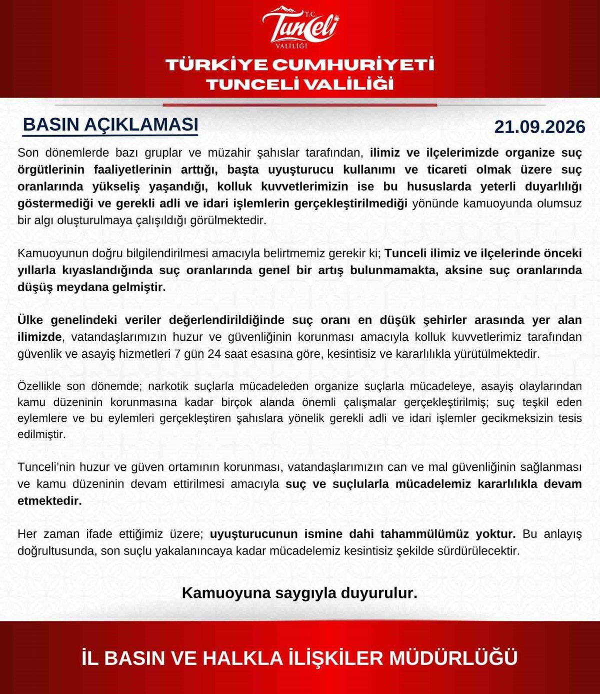 Tunceli Valiliği suç oranlarının arttığı iddialarını reddetti, düşüş olduğunu bildirdi