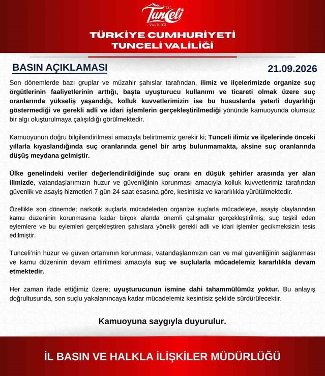 Tunceli Valiliği suç oranlarının arttığı iddialarını reddetti, düşüş olduğunu bildirdi