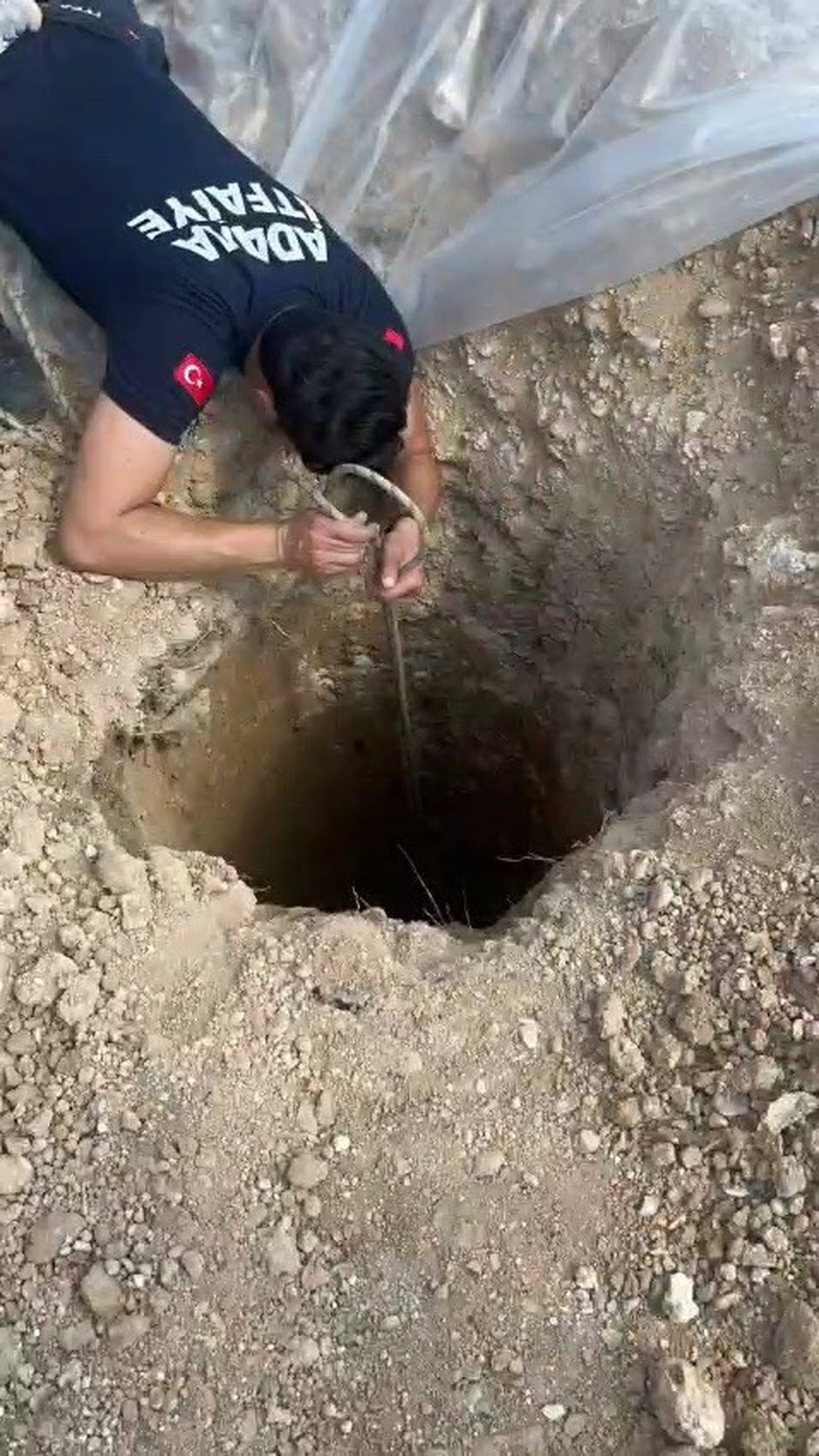 Adana\'da şantiyedeki kuyuda mahsur kalan köpek itfaiye ekiplerince halatla kurtarıldı