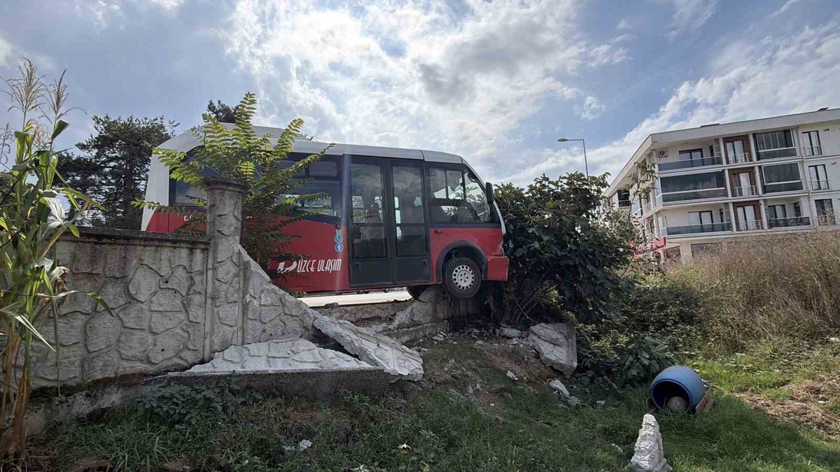 Düzce\'de halk otobüsü 2 köpeğe çarpmamak için manevra yaptı, bahçe duvarına çarptı