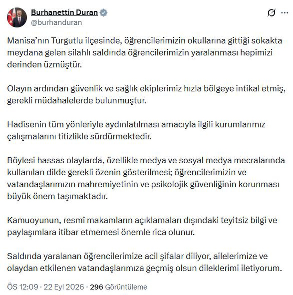 İletişim Başkanı Duran, Manisa Turgutlu\'daki saldırıda medyaya özen çağrısı yaptı