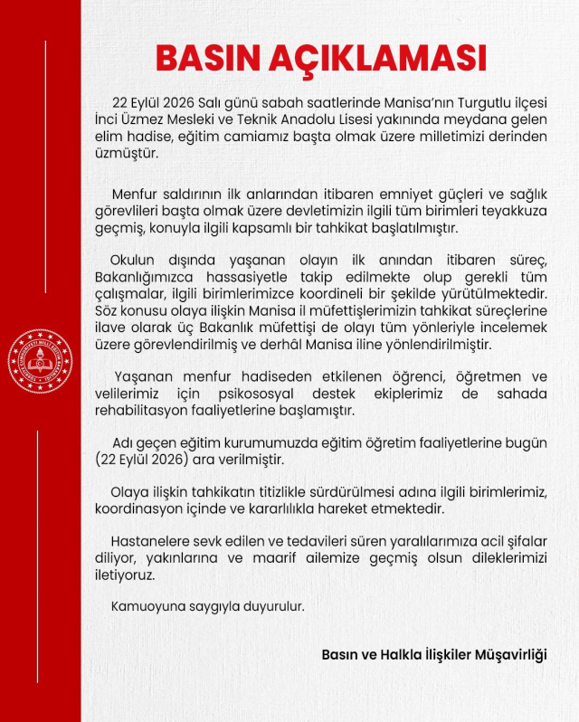 Milli Eğitim Bakanlığı'ndan okul saldırısıyla ilgili ilk açıklama