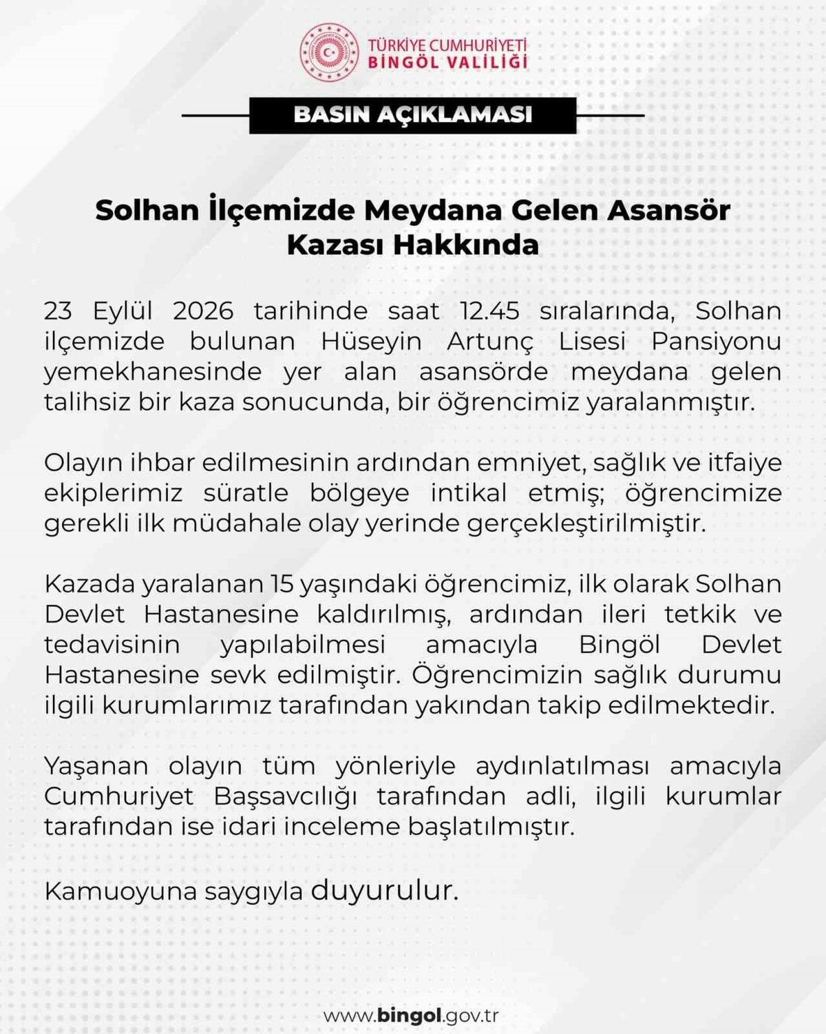 Bingöl Solhan\'da okul pansiyonundaki asansör kazasında 15 yaşındaki öğrenci yaralandı