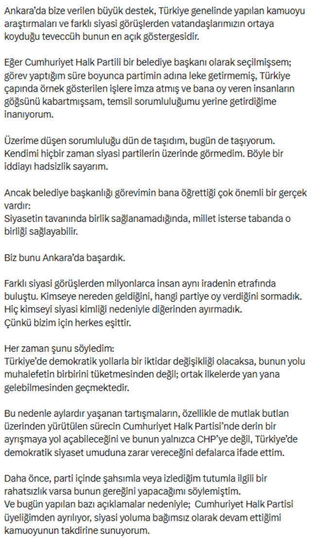 Mansur Yavaş: Yoluma bağımsız devam edeceğim
