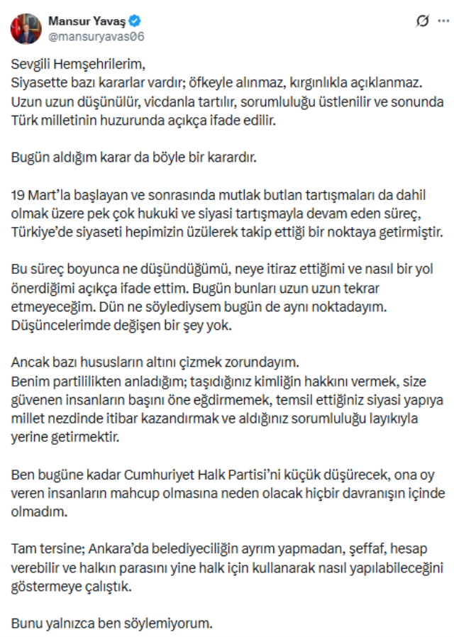 Mansur Yavaş: Yoluma bağımsız devam edeceğim