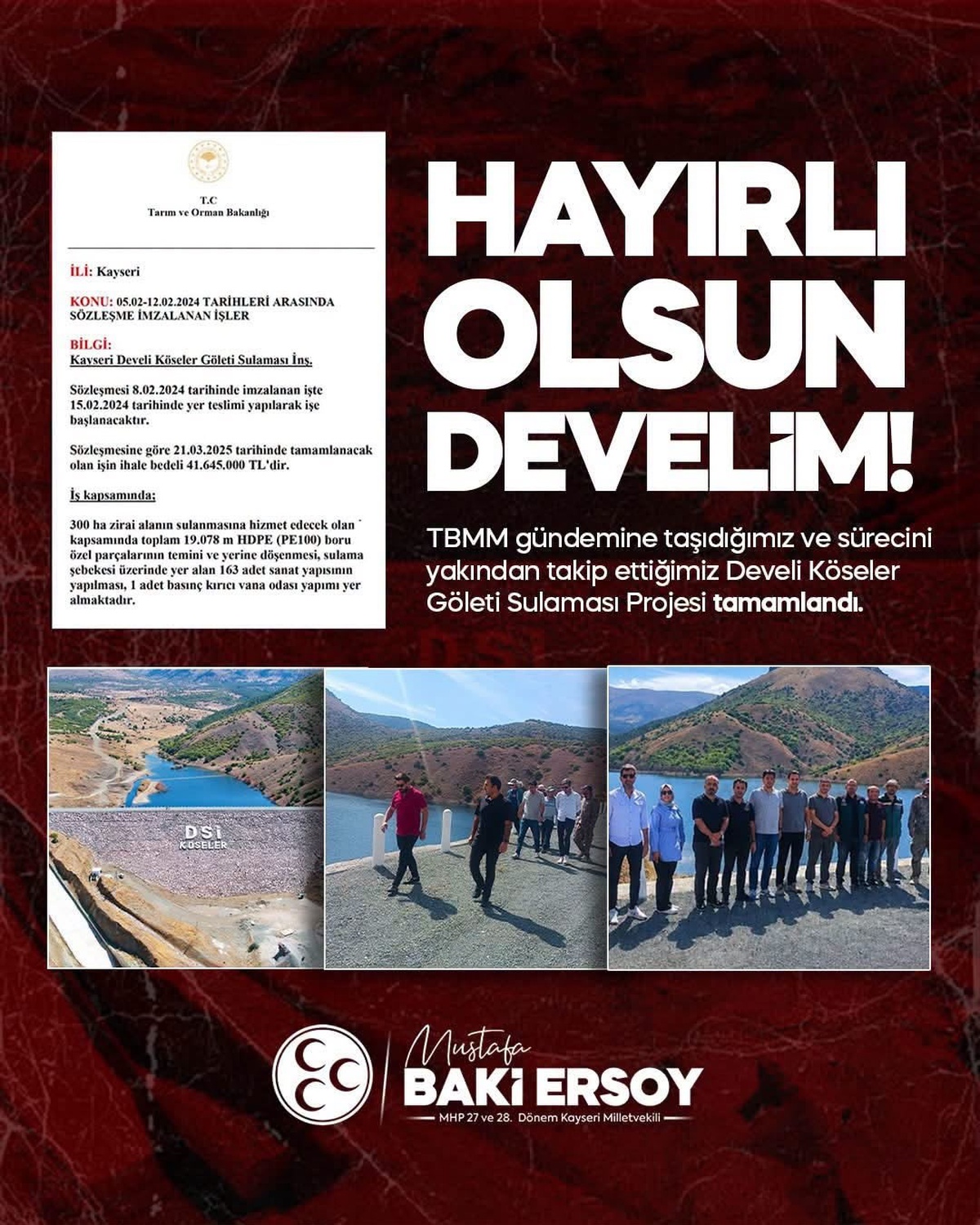MHP\'li vekil Ersoy, Develi\'de 300 hektarlık sulama projesinin tamamlandığını açıkladı