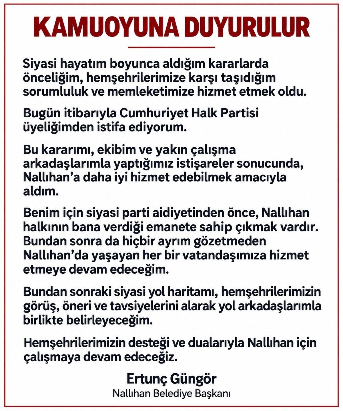 Nallıhan Belediye Başkanı Ertunç Güngör, CHP üyeliğinden istifa ettiğini açıkladı