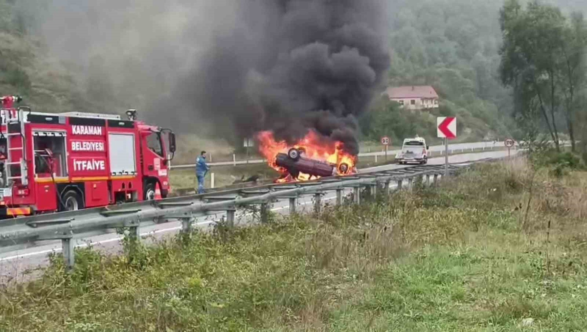 Zonguldak Sapça\'da kontrolden çıkan otomobil takla atıp alev aldı, 1 kişi yaralandı