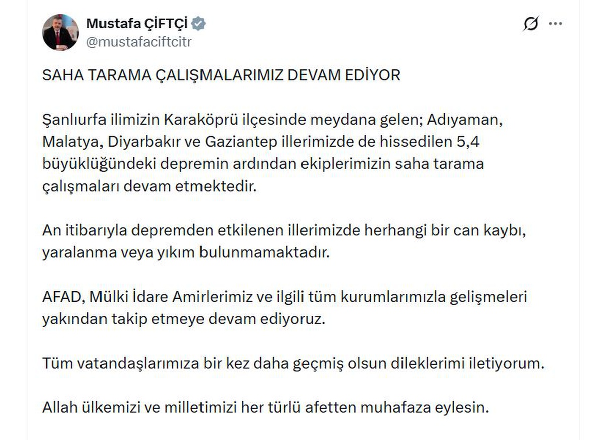 Bakan Çiftçi, Şanlıurfa Karaköprü\'deki 5.4\'lük depremde can kaybı olmadığını açıkladı