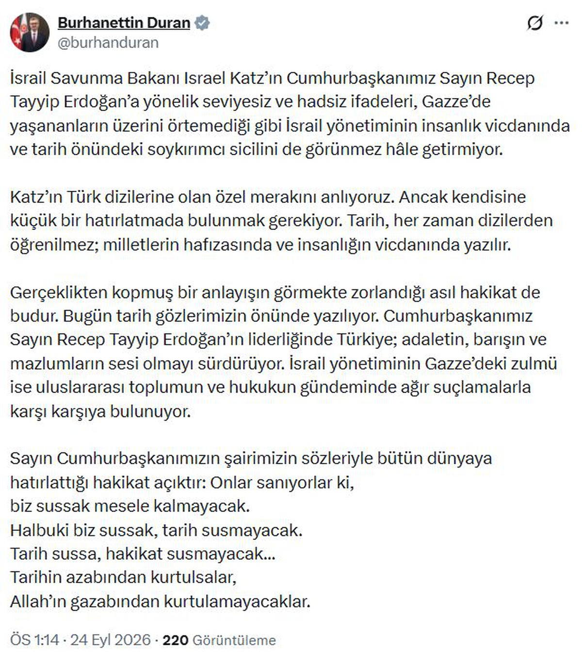 İletişim Başkanı Duran\'dan, İsrail Savunma Bakanı Katz\'a tepki