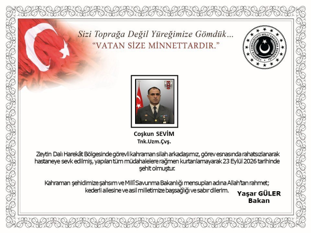 Zeytin Dalı Harekat Bölgesi'nden acı haber: 1 askerimiz şehit oldu