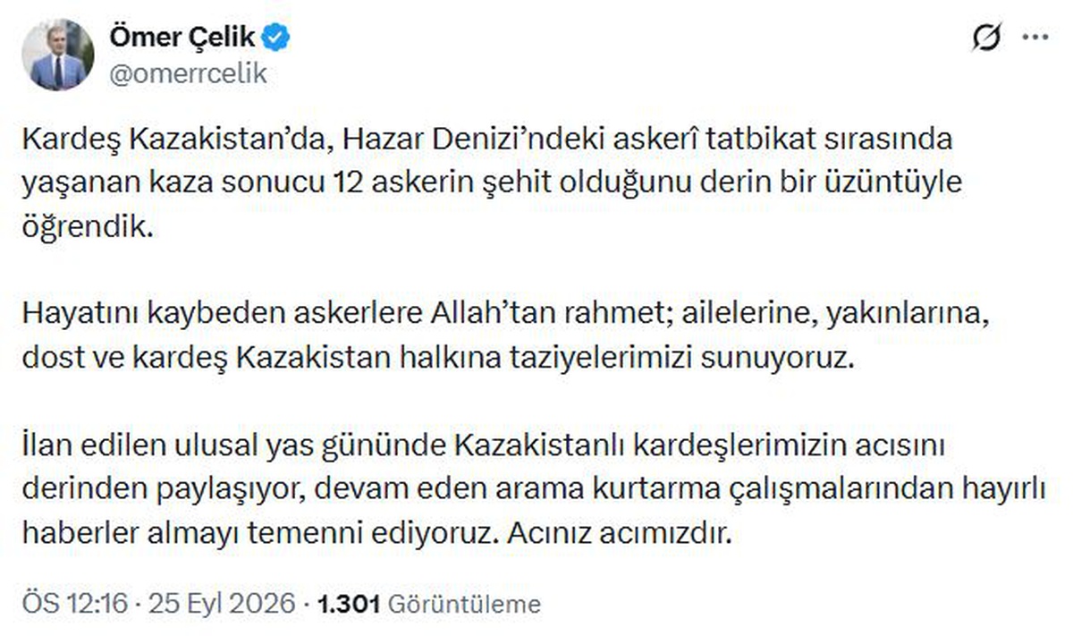 AK Parti\'li Çelik\'ten, Kazakistan\'a taziye mesajı