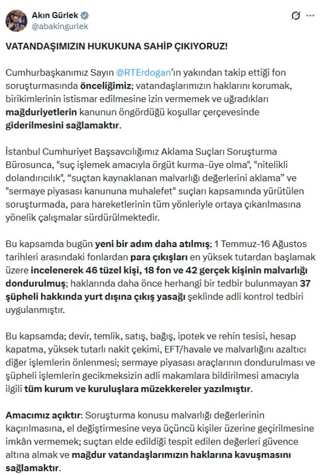 Bakan Gürlek açıkladı! Fon soruşturmasında çok sayıda kişinin mal varlığı donduruldu