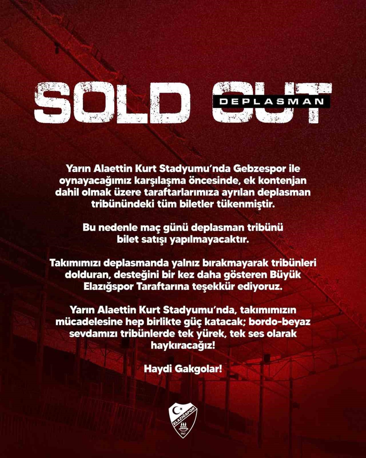 Elazığspor taraftarı Güzide Gebzespor deplasmanı için ayrılan bin 200 bileti tüketti