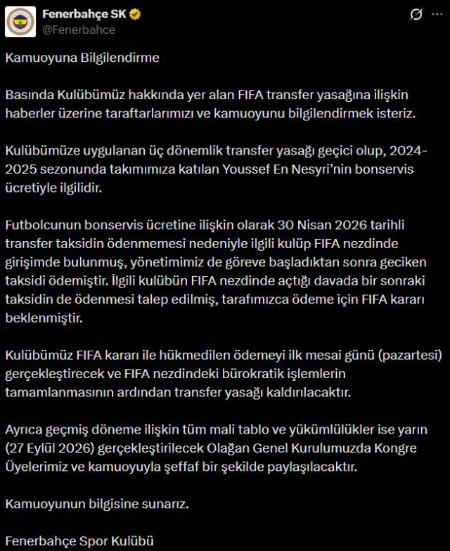 Fenerbahçe'den transfer yasağıyla ilgili ilk açıklama! İşte cezanın nedeni