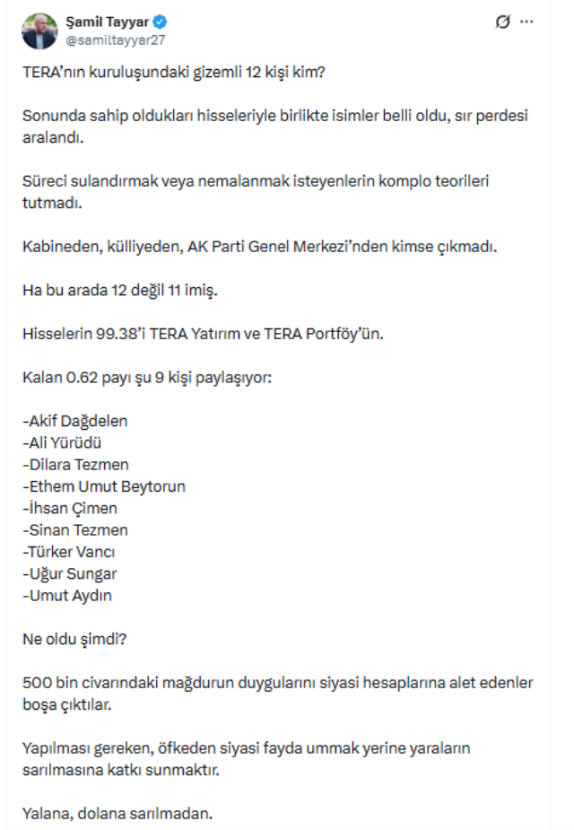 Tera'nın gizemli 11 yatırımcısı belli oldu! İşte o isimler ve pay oranları