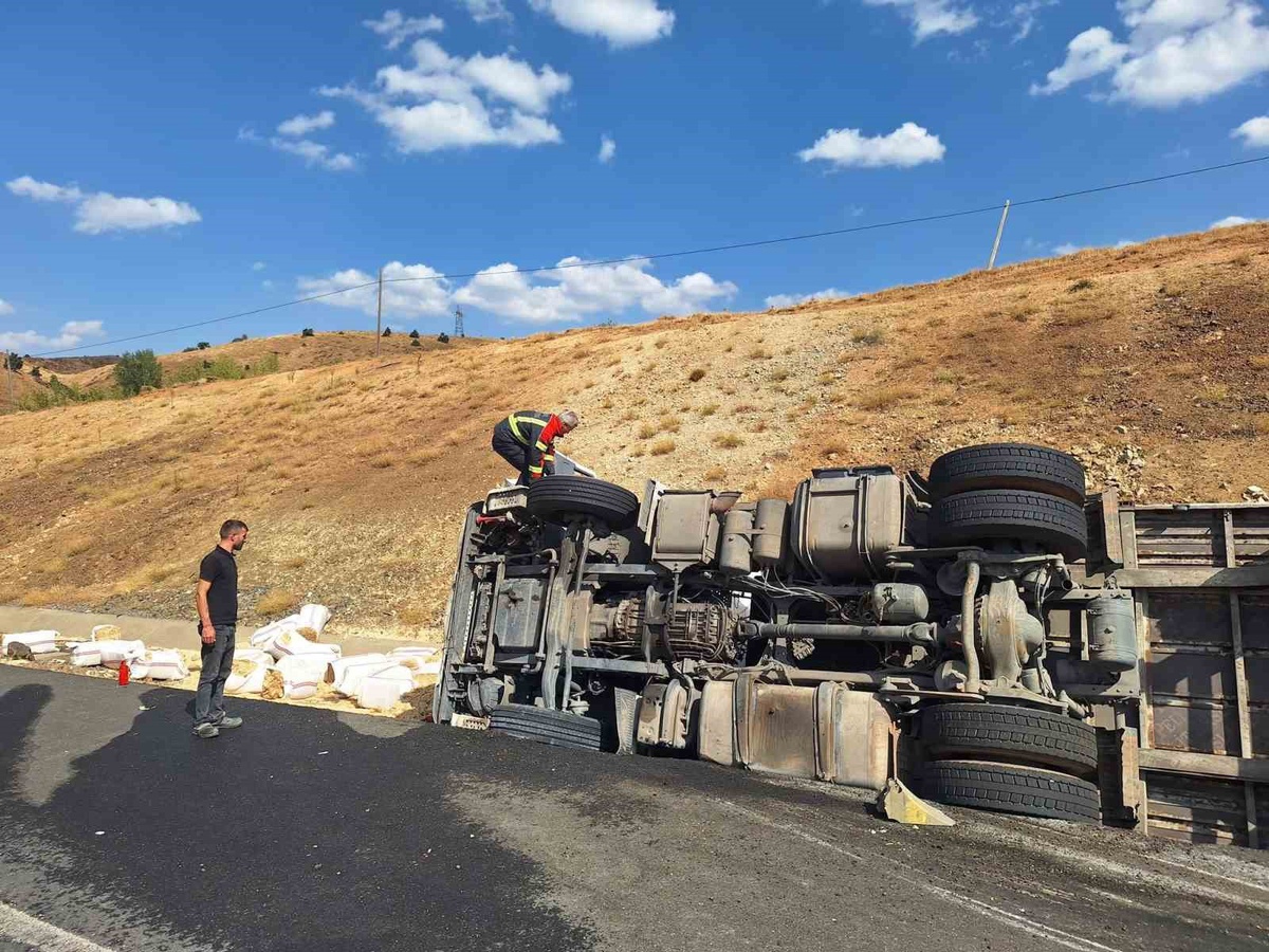 Bingöl\'de saman yüklü tır şarampole devrilip alev aldı, sürücü hafif yaralandı