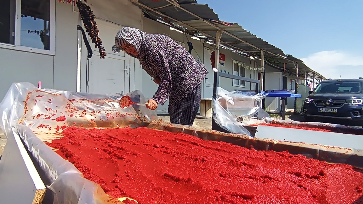Gaziantep Nurdağı\'nda konteyner kentte depremzede kadınlar sebze kurutup salça yapıyor
