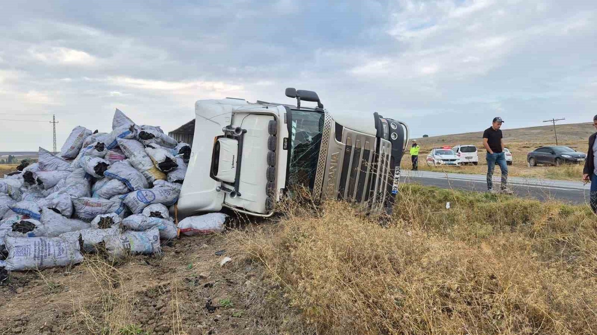 Yozgat Sorgun\'da meşe kömürü yüklü tır kontrolden çıkıp devrildi, sürücü yaralandı