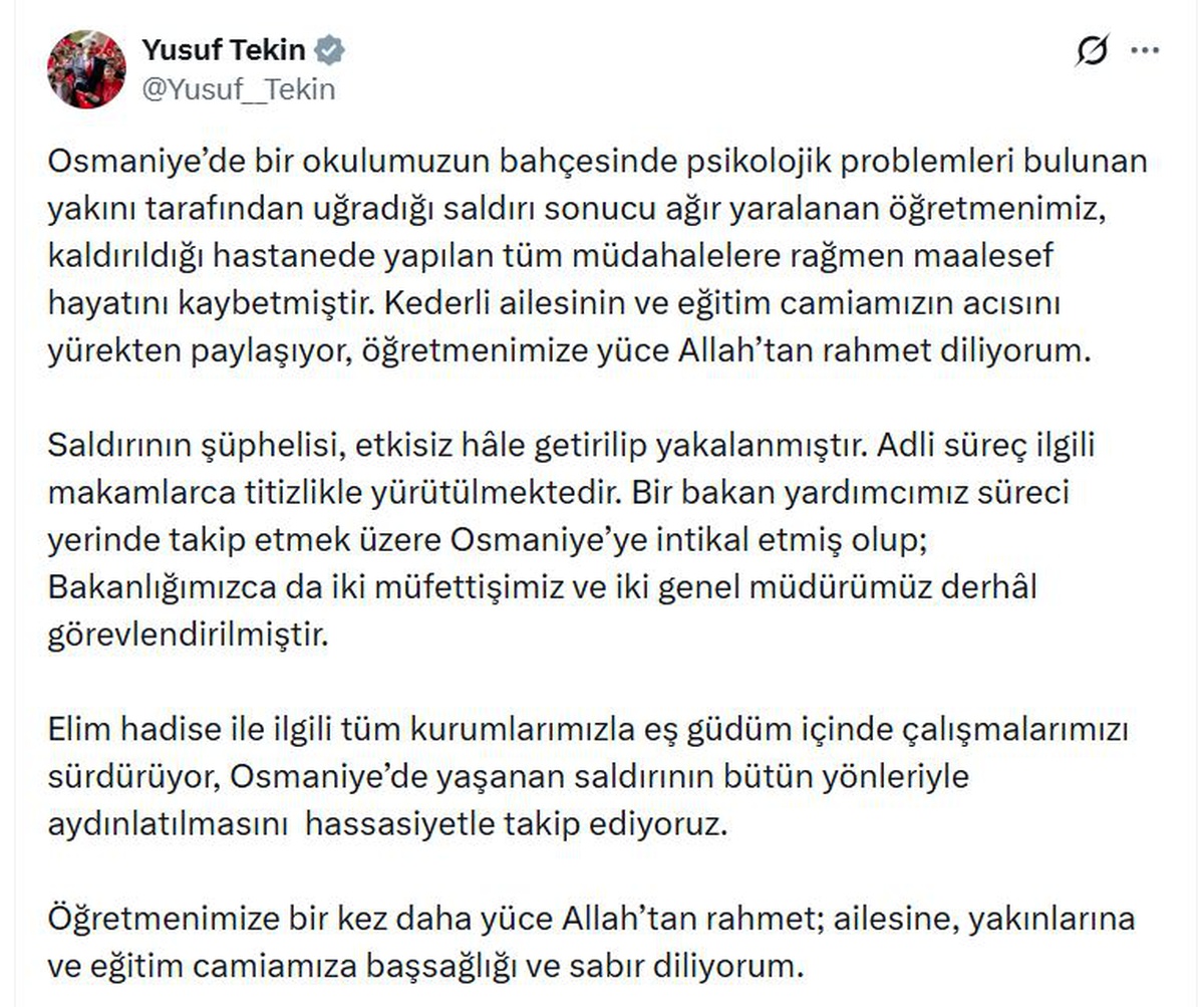 Bakan Tekin, saldırı sonucu hayatını kaybeden öğretmen için taziye mesajı yayımladı