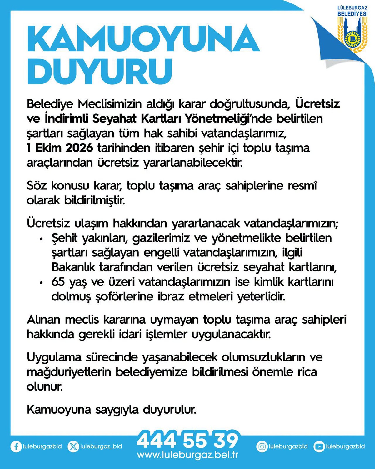 Lüleburgaz\'da toplu taşıma "1 Ekim\'den itibaren" bazı gruplara "ücretsiz" olacak