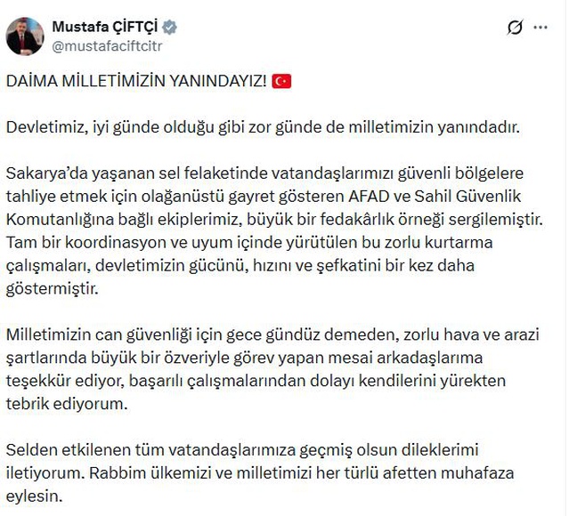Bakan Çiftçi, Sakarya'daki selde görev alan AFAD ve Sahil Güvenlik ekiplerini kutladı