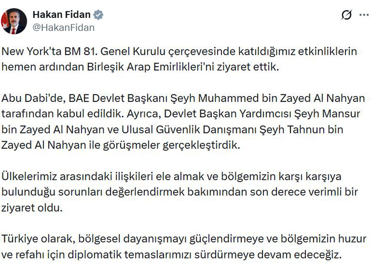 BAE Devlet Başkanı, Dışişleri Bakanı Fidan\'ı Abu Dabi\'de kabul etti